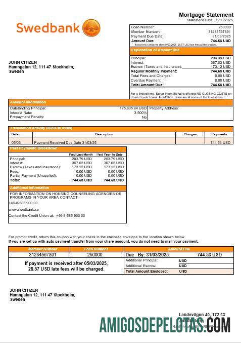 Extrato de hipoteca do banco sueco Swedbank em formatos Word e PDF exemplo real